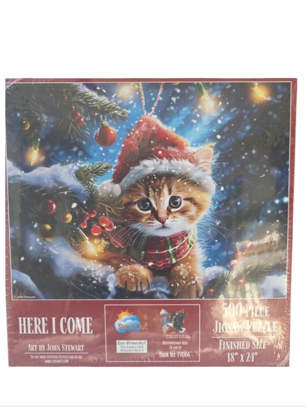 Here I Come Holiday Kitten Jigsaw Puzzle - Red